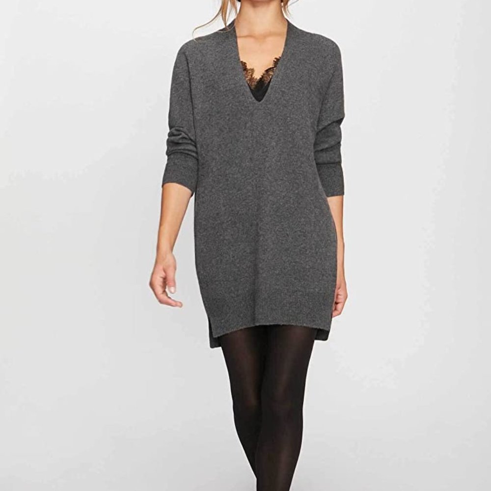 NEW Brochu Walker Lace Looker Cashmere Mini Sweater Dress Charcoal/Black Lace